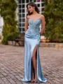 Glam Sheath V-Neck Appliques Lace Sweep Train Silk Like Satin Corset Prom Dress