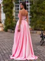 Unique A-Line Straight Rhinestone Sweep Train Silk Like Satin Corset Prom Dress