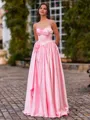 Unique A-Line Straight Rhinestone Sweep Train Silk Like Satin Corset Prom Dress