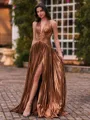 Charming A-Line Halter Pleated Sweep Train Metallic Satin Corset Prom Dress