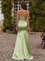 Hot Sheath V-Neck Appliques Lace Sweep Train Silk Like Satin Corset Prom Dress