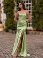 Hot Sheath V-Neck Appliques Lace Sweep Train Silk Like Satin Corset Prom Dress