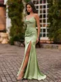 Hot Sheath V-Neck Appliques Lace Sweep Train Silk Like Satin Corset Prom Dress