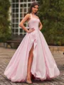 Delicate A-Line Halter Pleated Floor-Length Taffeta Corset Prom Dress