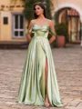 Elegant A-Line Off-the-Shoulder Pleated Sweep Train Silk Like Satin Prom Dress