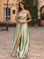 Elegant A-Line Off-the-Shoulder Pleated Sweep Train Silk Like Satin Prom Dress