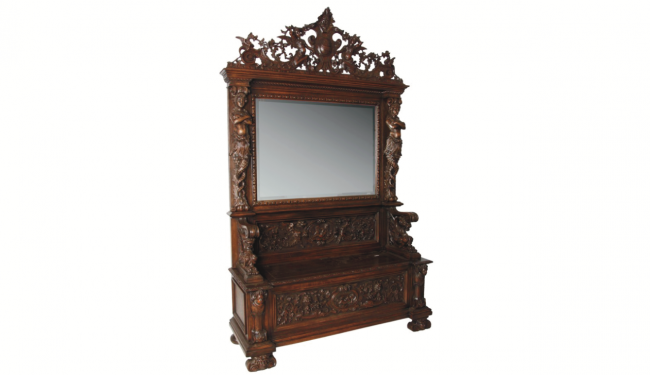 R.J. HORNER FIGURAL CARVED OAK HALL BENCH