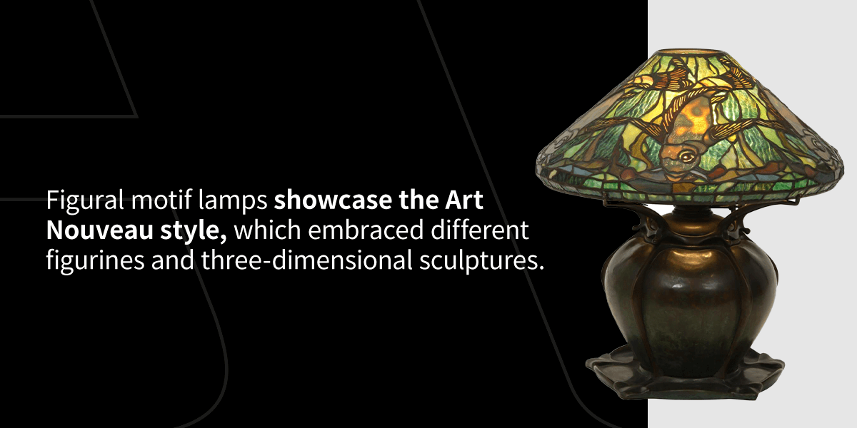 figural motif lamp: Tiffany Studios leaded glass aquatic fish lamp