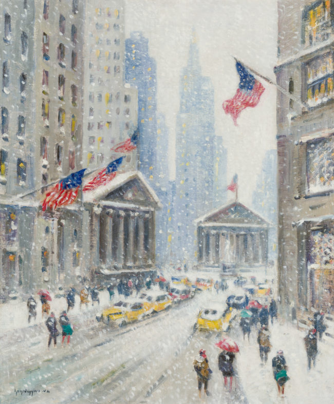 Oil painting by Guy Carlton Wiggins titled Broad St. and the Sub Treasury