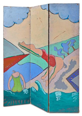 Dharam Damama, (1942-2016, American), A hand-painted three-panel folding screen,