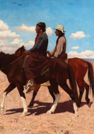 Lot 57: Two Indians on Horseback, 1890, Gaspard De Latoix (1858-1918) Oil on canvas laid to waxed canvas $15,000-20,000 Sold $37,500