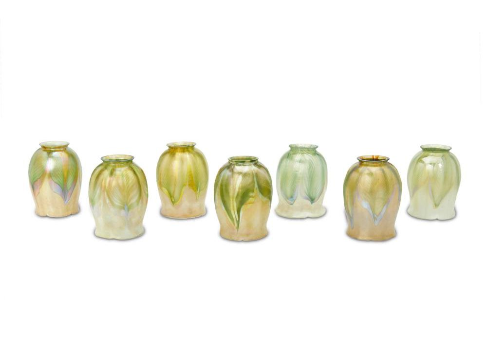 Lot 3142: Seven Tiffany-Style Pulled Feather Art Glass Shades $400-600 Sold $7,500.00