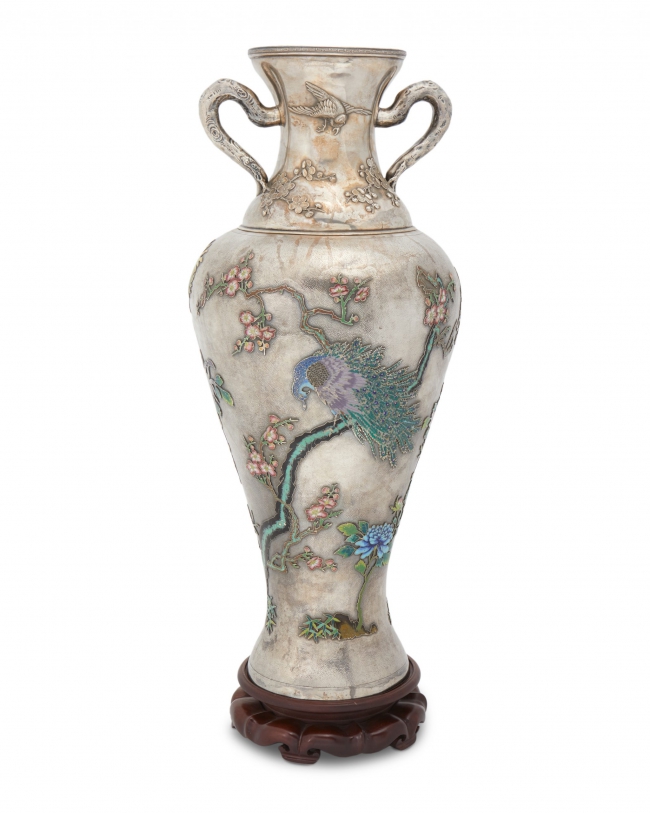 A large Chinese silver and cloisonné enamel vase, Wang Hing $10,000-$15,000