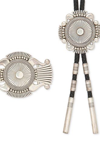 ot 334: A Thomas Curtis Sr. Navajo/Diné Silver Bolo and Buckle Set , 20th Century, Navajo/Diné $800-$1200 Sold $8750