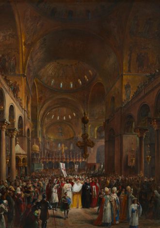 Lot 1143: Louis Haghe, The Duke Andre Dandolo Departing for the Crusade from St. Mark's Cathedral, Venice, 1863, $3,000-5,000 Sold: $6,091