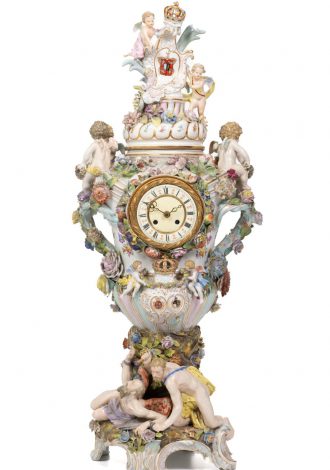 Lot 1221: A monumental Meissen-style relief-decorated porcelain table clock, $2,000-4,000 Sold: $5,850