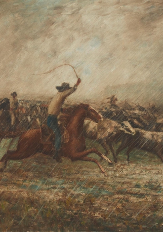 Lot 5028: John Sloan, (1871-1951, American) Cowboys Rustling Cattle Herd in Rain $40,000-$60,000