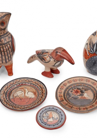 A group of Tonalá Pottery items, by Elena Jimón, Antonio Solis & others $200-$400 Sold: $1,500