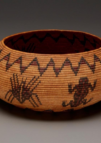 Lot 94: A Polychrome Mono Lake Paiute Pictorial Basket Woven By Emma Murphy $6,000-$8,000 Sold: $11,875.00