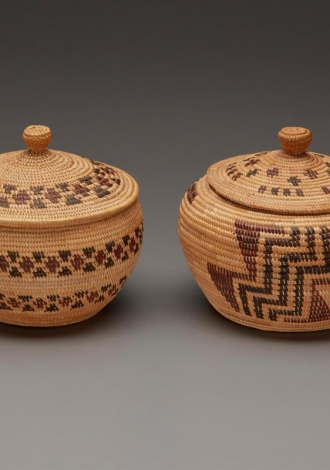 Lot 207: A Two Small Globular Yokuts Lidded Baskets $500-$700 Sold: $2,375.00