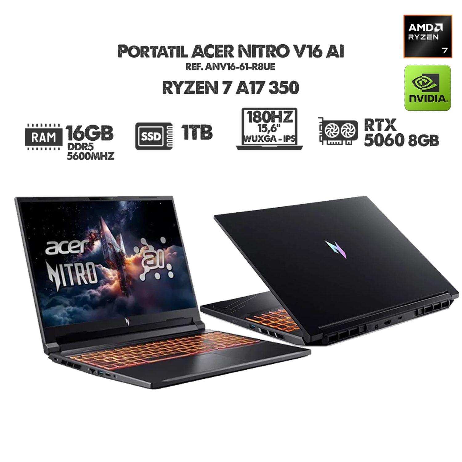 Acer Nitro V AMD Ryzen AI 7 350 RTX 5060 16GB DDR5 1TB 16" FHD 180Hz