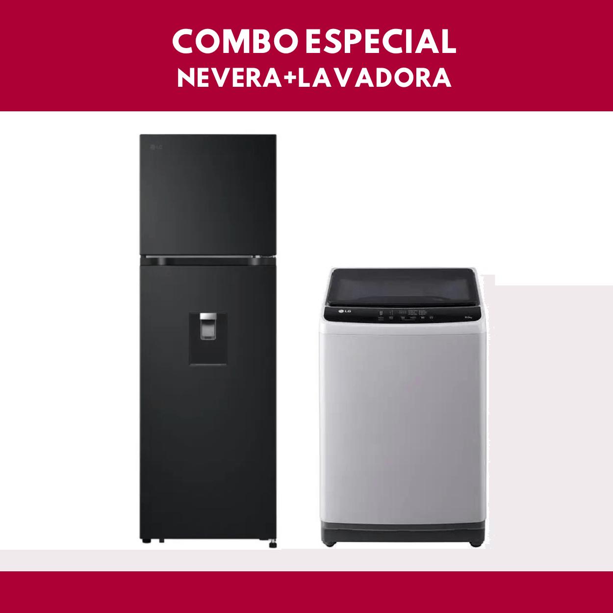 Combo Lavadora LG Carga Superior 9KG WT9ELR Gris + Nevera LG No Frost Congelador Superior 264 Litros VT26KPM Negra