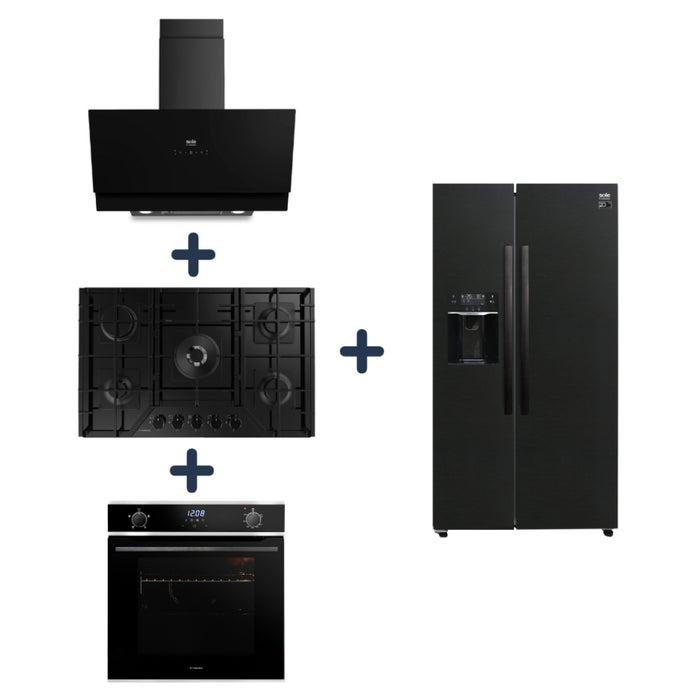 Combo Sole Encimera Vidrio Templado 76CM 3120SOLCO060 + Campana Extractora Decorativa Signature 90CM 3120TURE81COV2 + Horno Empotrable a Gas 60CM 3120SOLHO018 + Refrigeradora Side By Side Boston 3120SOLREF513BLKIN