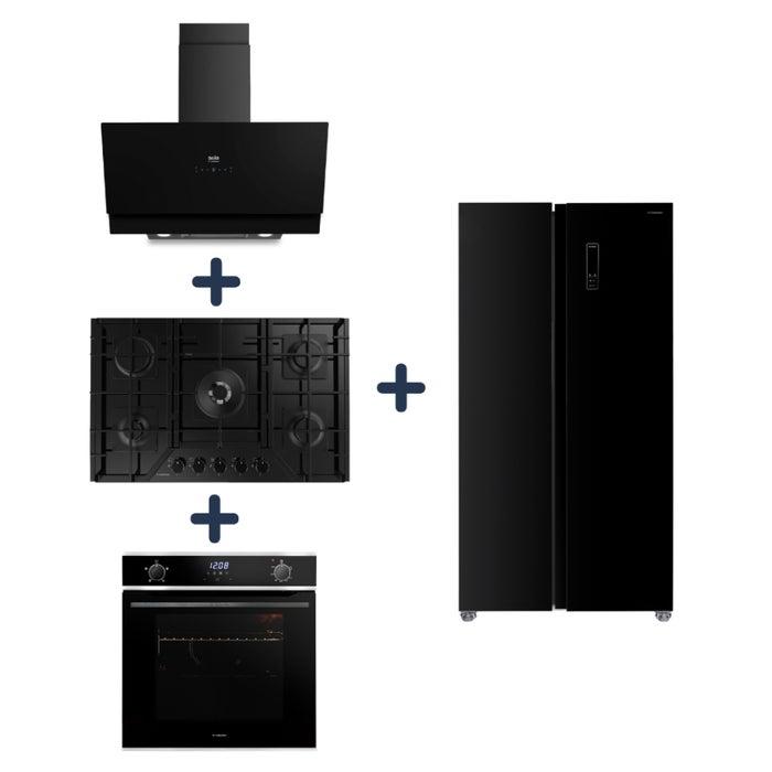 Combo Sole Encimera Vidrio Templado 76CM 3120SOLCO060 + Campana Extractora Decorativa Signature 90CM 3120TURE81COV2 + Horno Empotrable a Gas 60CM 3120SOLHO018 + Refrigeradora Side By Side London 3120SOLREF0269BG