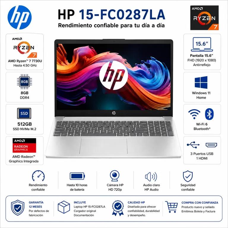 Laptop HP 15.6" AMD Ryzen 7 8GB 512GB SSD Windows 11 Home 15-FC0287LA