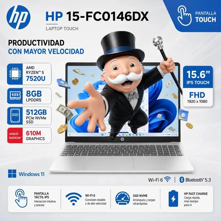 Laptop HP 15.6 FHD Touch Ryzen 5 7520U 8GB RAM 512GB SSD Windows 11 Silver WiFi 15-FC0146DX