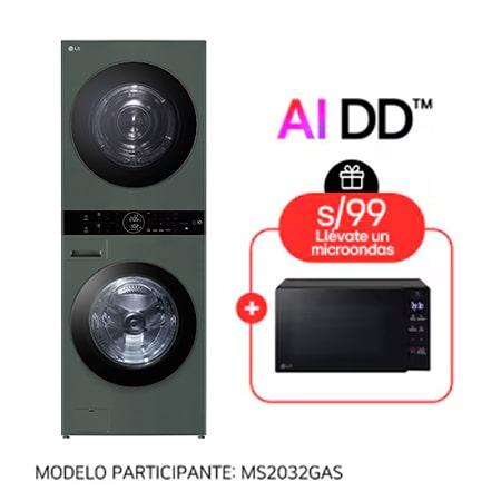 LG WashTowerTM de 25kg de Lavado 20kg de Secado - AI DDTM, ThinQTM con Motor Dual Inverter Heat Pump, Verde oscuro + Microondas LG NeoChefTM 20 L EasyCleanTM, Negro