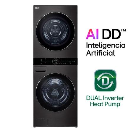 LG WashTowerTM de 25kg de Lavado 20kg de Secado - AI DDTM, ThinQTM con Motor Dual Inverter Heat Pump, Black Steel WK25BS6