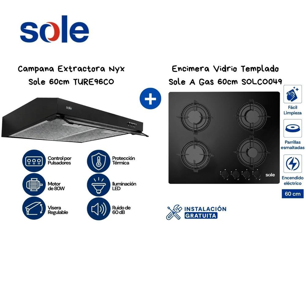 COMBO Encimera Vidrio Templado Sole A Gas 60cm SOLCO049 y Campana Extractora Nyx Sole 60cm TURE96CO