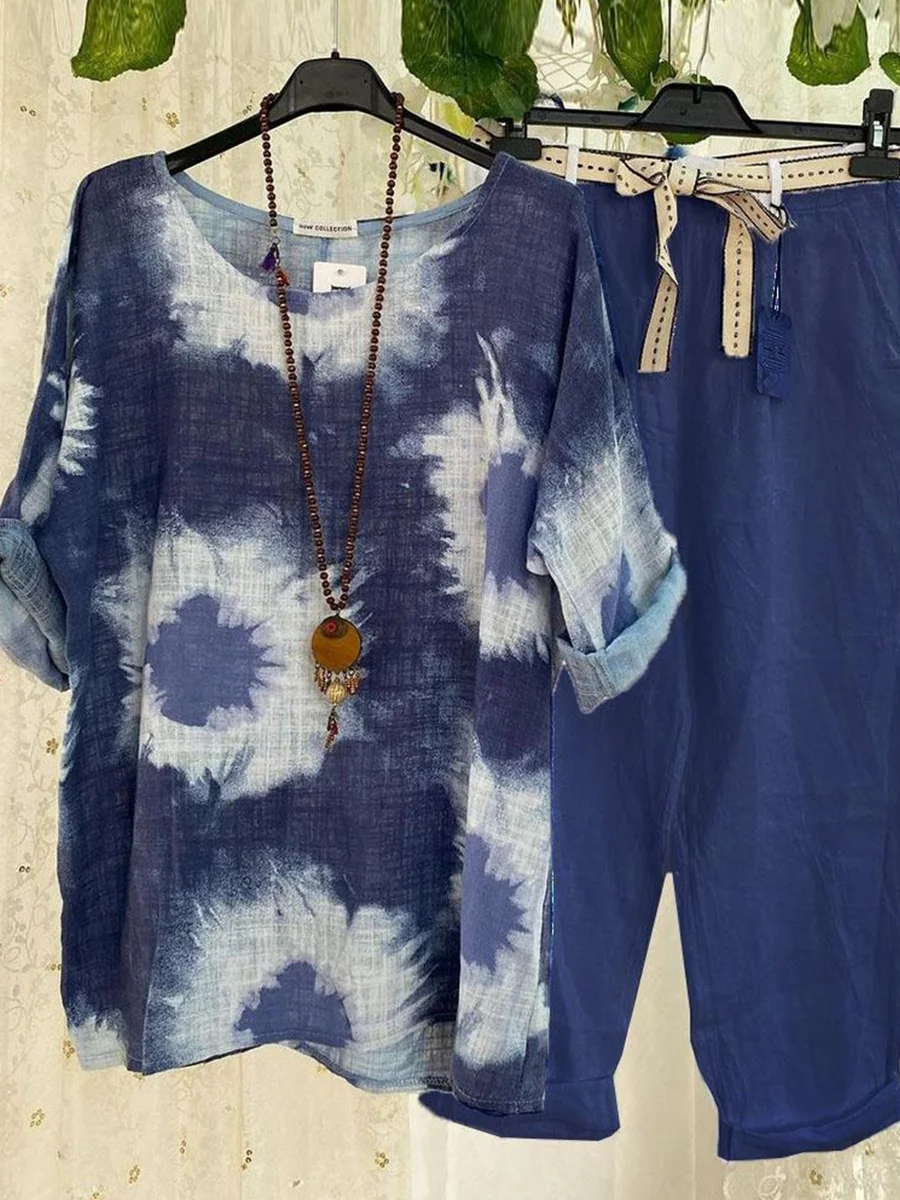 Blue Printed Casual Two Piece Set