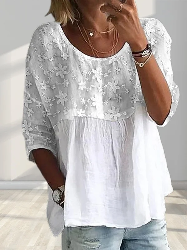 Women's Lace Embroidery Patchwork Crew Neck Loose Cotton Blouse