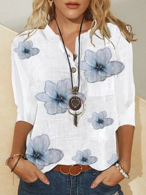 Half Sleeve Floral V-neck Shift Blouse
