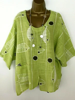 Green Crew Neck Geometric Print Casual Half Sleeve Blouse
