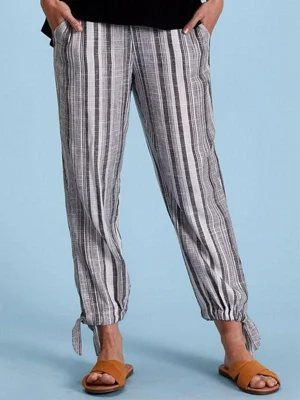 Black Cotton Stripe with Pockets Casual Pants