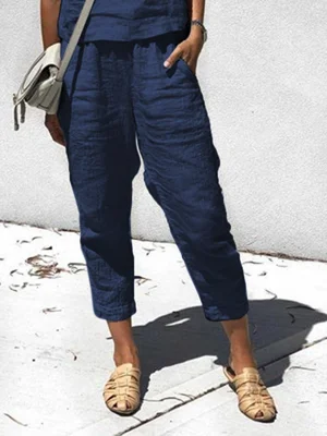 Summer Navy Blue Casual Pants with Pockets 