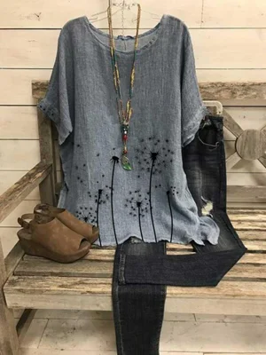 Round Neck Short Sleeve Dandelion Print Grey Women's Casual Blouse