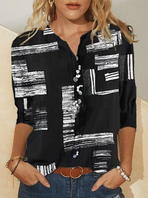 Black Casual Collared Geometric Printed Shirts & Tops