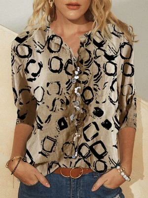 Khaki Leopard Buttons Collared 3/4 Sleeve Blouse