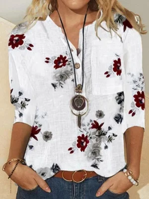 Flower Print 3/4 Sleeve Stand Collar with Button Women Blouse