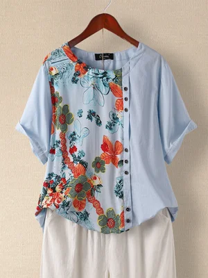 Flowers Printed Patchwork Button Round Neck Blouse