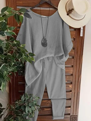 Grey Solid Color Short Sleeve Casual Two-piece Suits