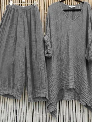 Women Grey Solid Color Loose V Neck Two Piece Suit