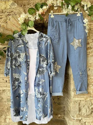 Blue Floral Printed Open Front Casual Two-piece Suits