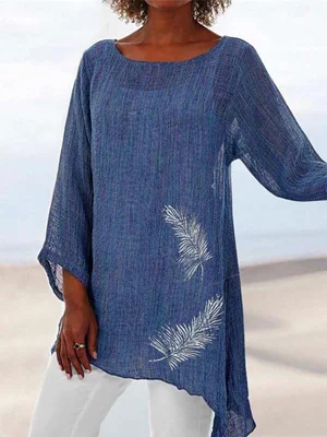 Blue Feather Printed Round Neck Long Sleeve Casual Blouse