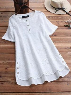 Bohemian Pullover Embroidery Casual Short Sleeve Blouse With Button
