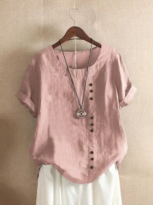 Pink Short Sleeve Round Neck Summer T-shirt With Button